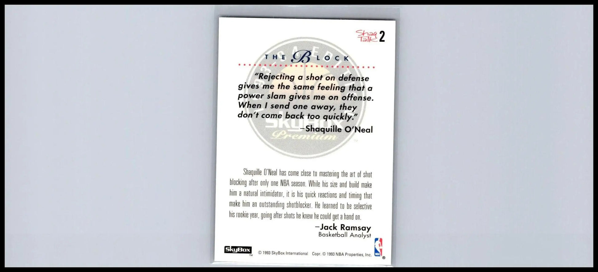 Back of 1995 SkyBox Shaquille O’Neal Commemorative Sheet Singles #S2 basketball card