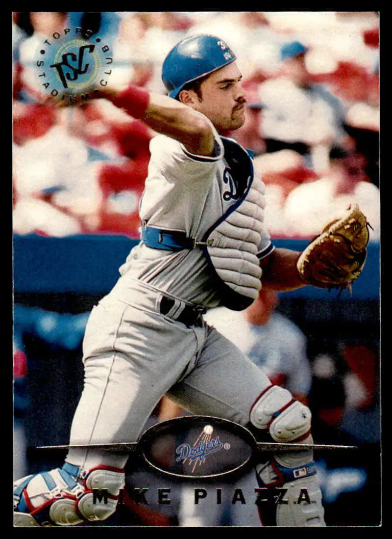 Mike Piazza in Los Angeles Dodgers uniform preparing to throw behind home plate