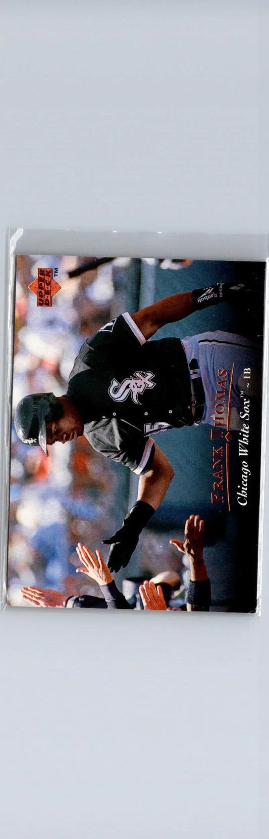 Baseball trading card of Frank Thomas in black and white uniform from 1995 Upper Deck