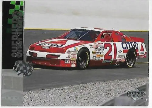 Red and white race car from 1995 Upper Deck #85 Morgan Shepherd’s original gloss cards typically sell