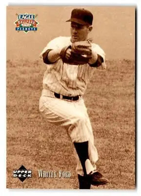 Sepia-toned baseball card of Whitey Ford from Upper Deck Eagle Peanuts Legends series