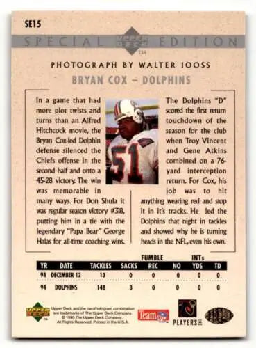 1995 Upper Deck SE15 Bryan Cox Miami Dolphins football card with original gloss finish