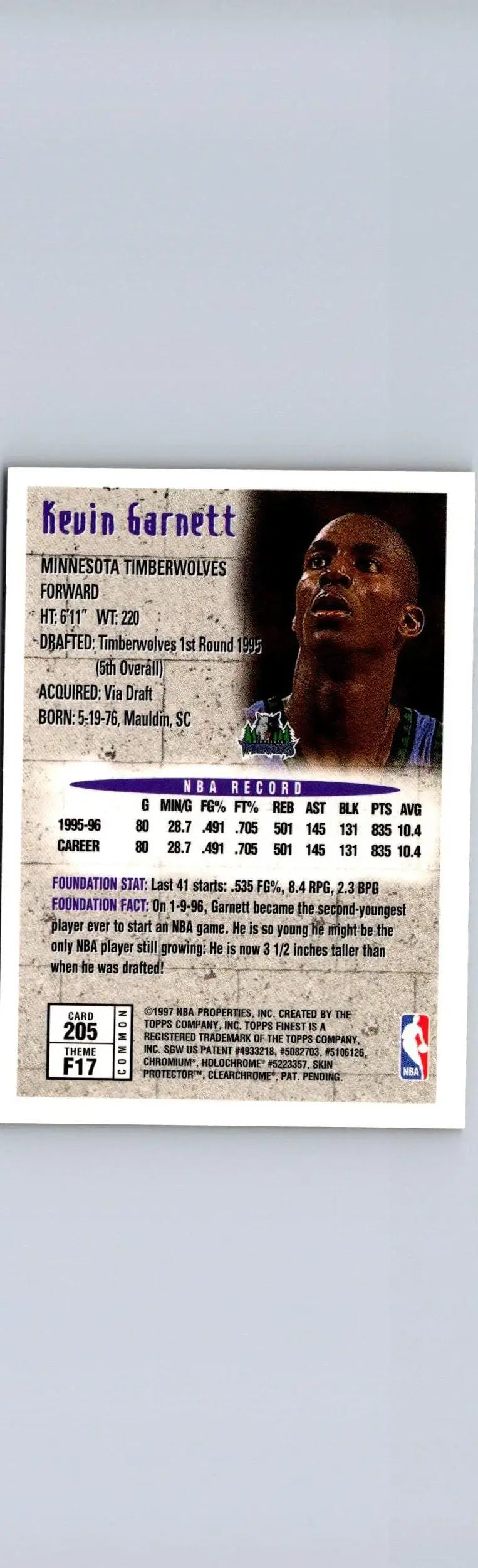 Kevin Garnett 1996-97 Finest #205 trading card features the NBA star in action