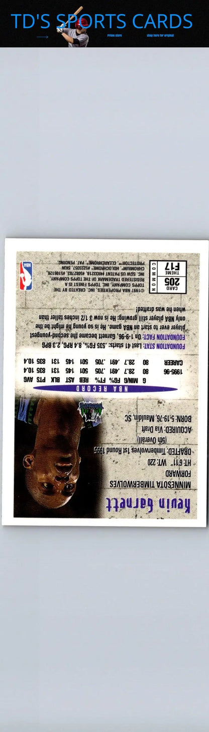 1996-97 Finest #205 Kevin Garnett trading card for basketball card collectors