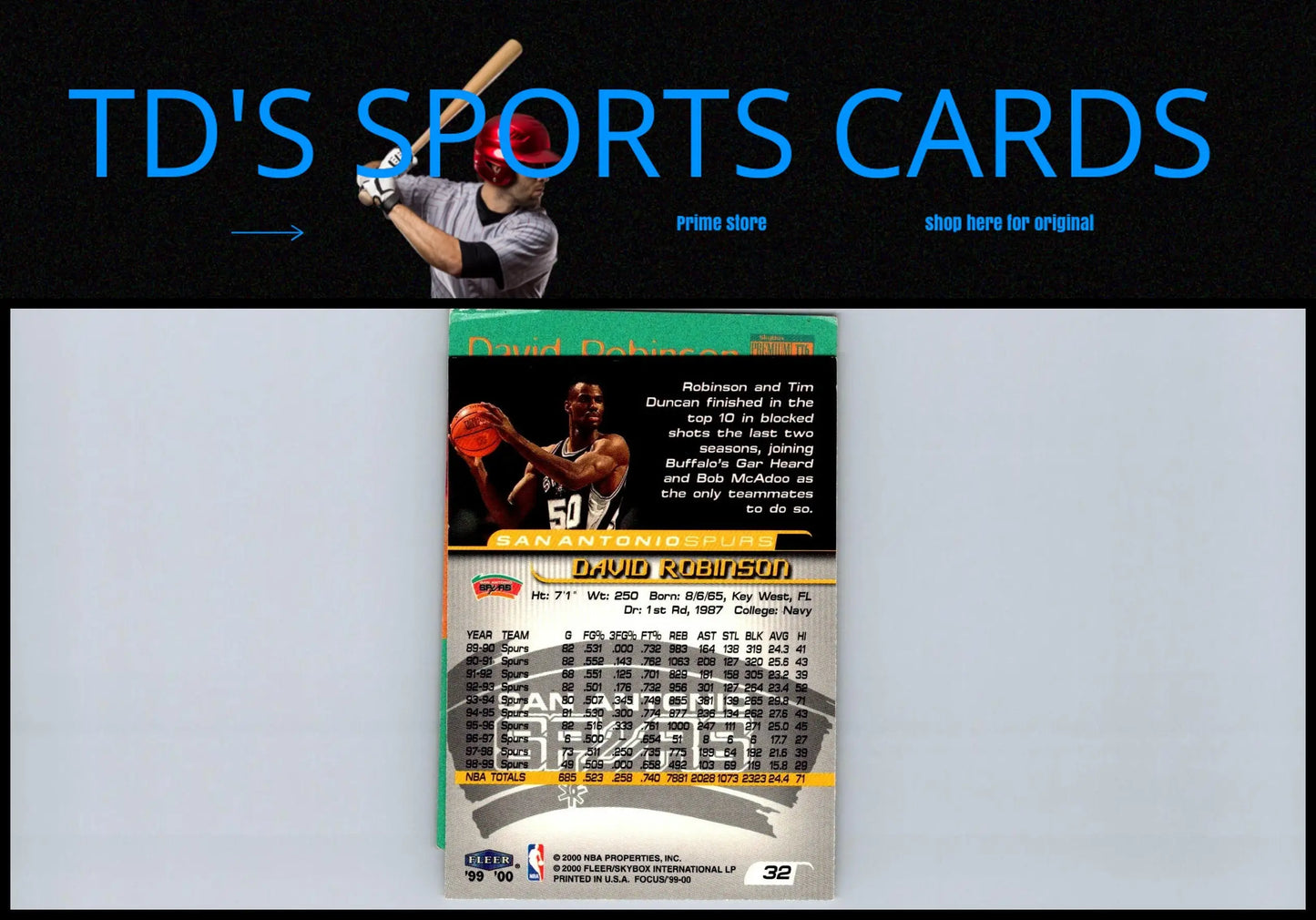 1996-97 SkyBox Premium TT6 David Robinson basketball card featuring Triple Threats design