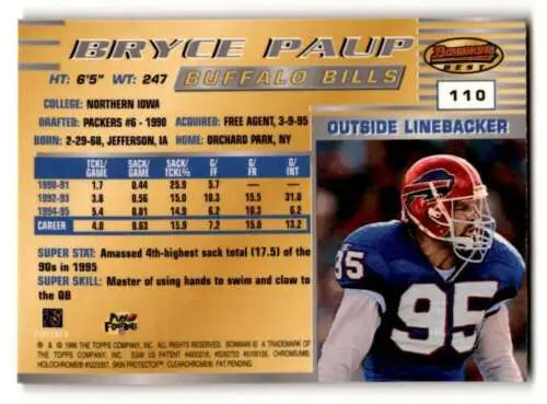 Original gloss 1996 Bryce Paup Buffalo Bills football card in excellent condition