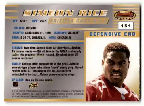 Simeon Rice Arizona Cardinals football card featuring original gloss in 1996 Bowman’s Best