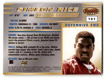 Simeon Rice Arizona Cardinals football card featuring original gloss in 1996 Bowman’s Best