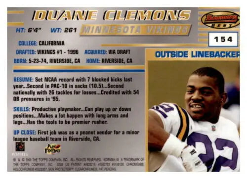 1996 Bowman’s Best #154 Duane Clemons NM-MT RC Rookie Vikings original gloss card