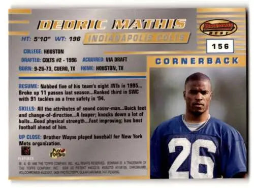 Football card back of 1996 Bowman’s Best Dedric Mathis Indianapolis Colts original gloss