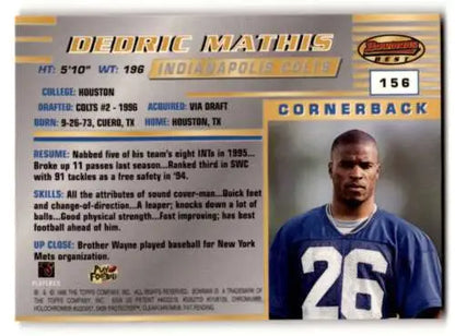 Football card back of 1996 Bowman’s Best Dedric Mathis Indianapolis Colts original gloss
