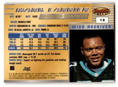1996 Bowman’s Best Mark Carrier Carolina Panthers Football Card original gloss design