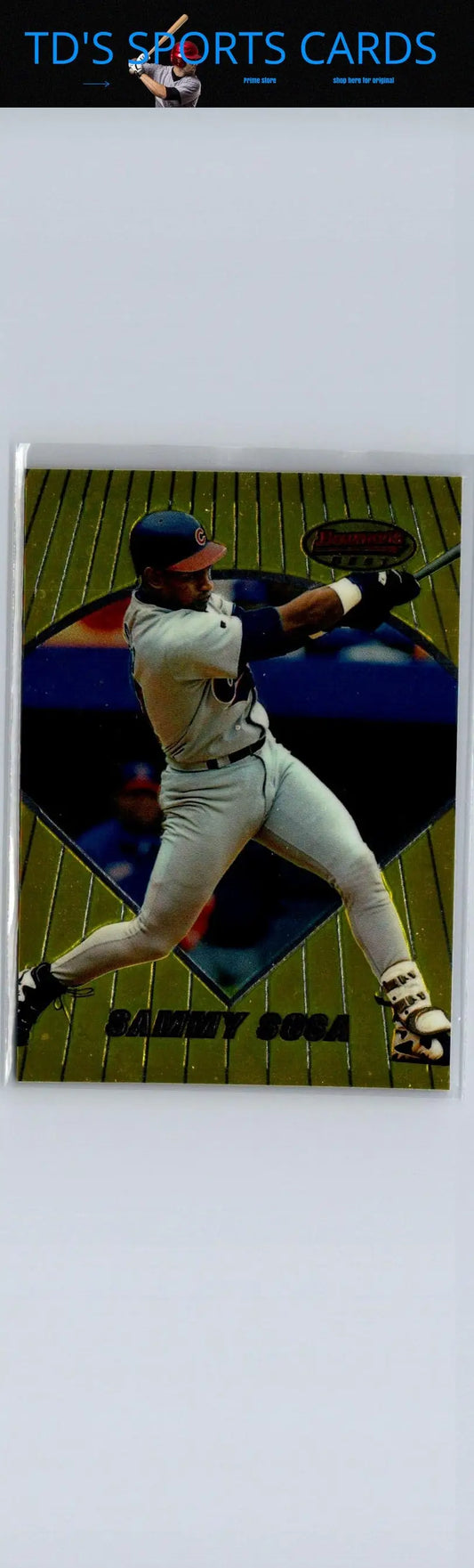 Baseball trading card featuring Sammy Sosa batting action from 1996 Bowman’s Best