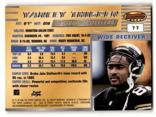 1996 Bowman’s Best #77 Yancey Thigpen Pittsburgh Steelers football card with original gloss