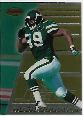 Football player in action on 1996 Bowman’s Best #96 Hugh Douglas original gloss card