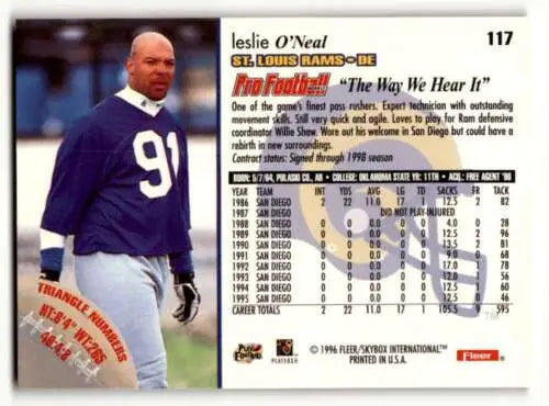 Leslie O’Neal 1996 Fleer #117 St. Louis Rams football card with original gloss