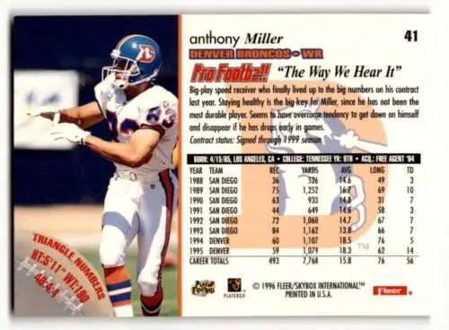 Original gloss 1996 Fleer #41 Anthony Miller Denver Broncos football card for sale