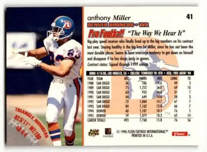 Original gloss 1996 Fleer #41 Anthony Miller Denver Broncos football card for sale