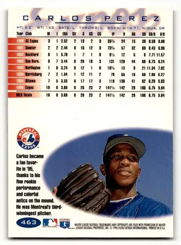 Original gloss Carlos Perez Montreal baseball card from 1996 Fleer #463 Perez Montreal Expos