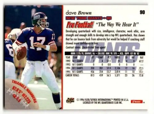 1996 Fleer #90 Dave Brown New York Giants Football Card in original gloss condition