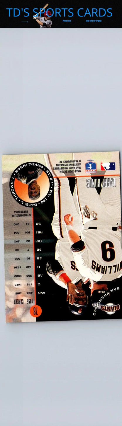Baseball card featuring Barry Bonds from 1996 Leaf #78 for sports trading collectibles