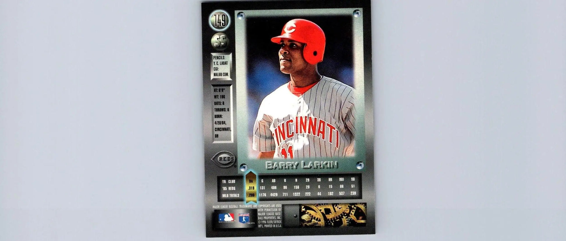 Barry Larkin trading card from 1996 Metal Universe #149 showcasing the baseball legend