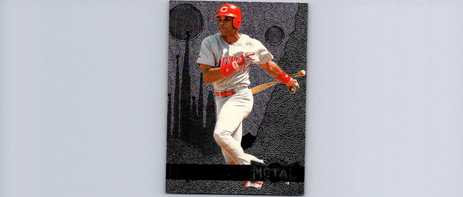 Baseball card featuring 1996 Metal Universe #149 Barry Larkin trading card collectible