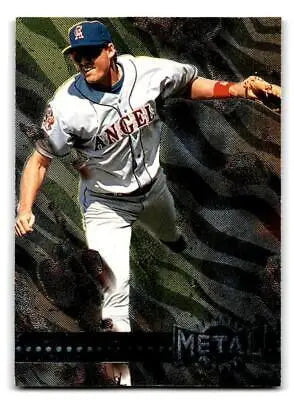Baseball card of Tim Salmon in action from 1996 Metal Universe trading cards