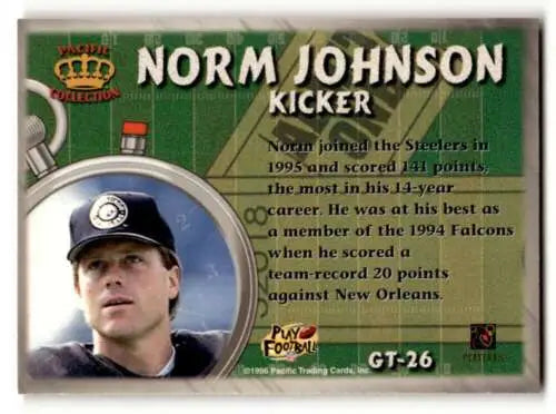 Original gloss 1996 Pacific Norm Johnson Pittsburgh Steelers football card ID 62918