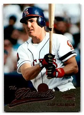 Tim Salmon holding bat featured in 1996 Pinnacle baseball trading card #142