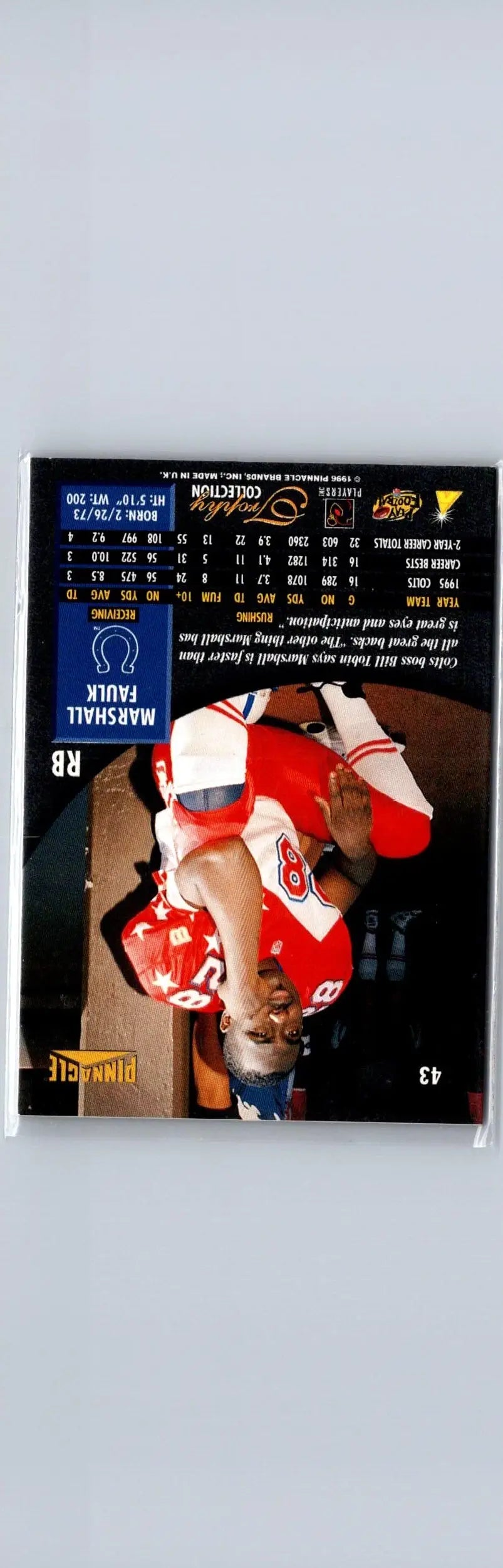 Football trading card featuring Marshall Faulk in red and white uniform from 1996 Pinnacle