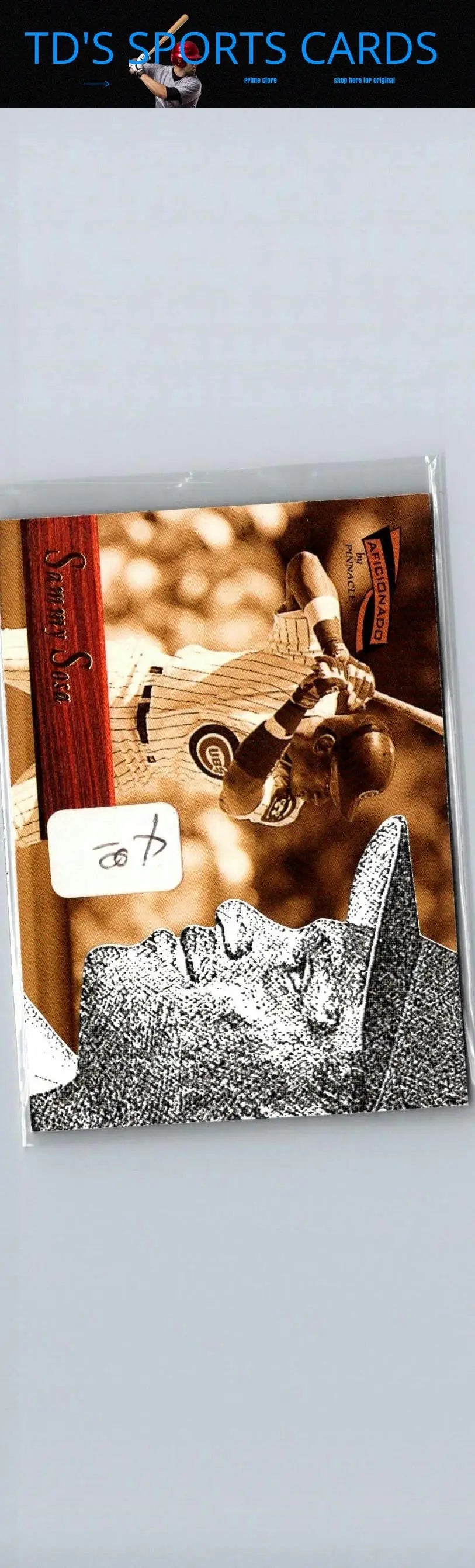 Baseball card of Sammy Sosa in protective plastic from 1996 Pinnacle Aficionado series