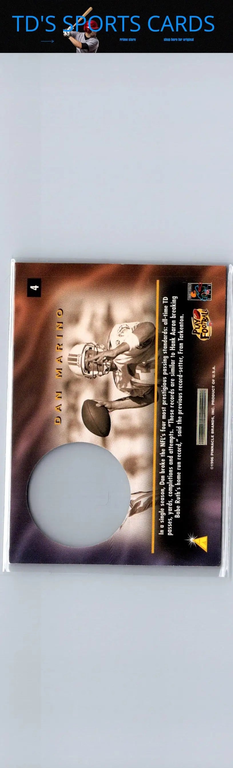 Dan Marino football card from 1996 Pinnacle Mint series for collectible trading cards