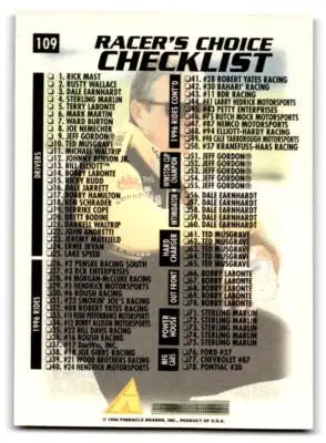 Checklist for NASCAR-themed trading card set featuring Mark Martin from Pinnacle Racer’s Choice