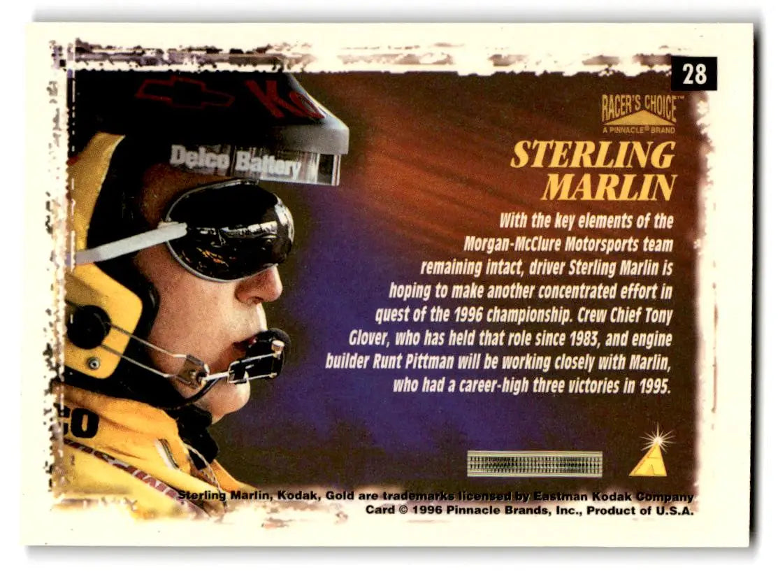 1996 Pinnacle Racer’s Choice #28 Sterling Marlin’s Car - Collectible Card