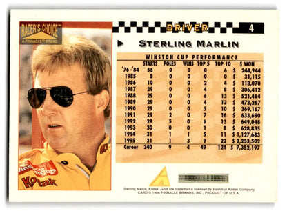 1996 Pinnacle Racer’s Choice #4 Sterling Marlin - Trading Card