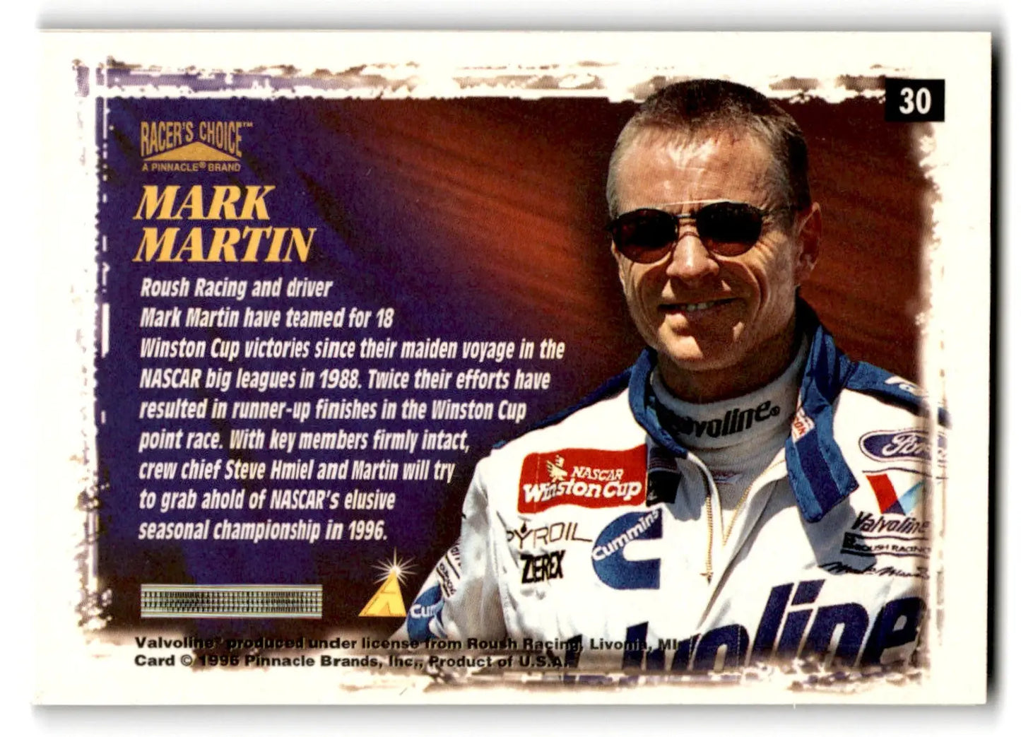 1996 Pinnacle Racing Racer’s Choice Mark Martin #6 - Collectible Card