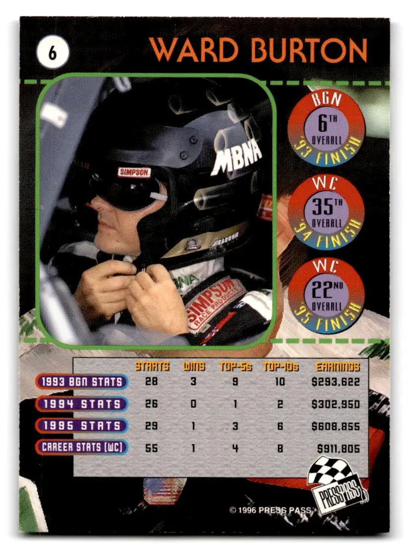 1996 Press Pass #6 Ward Burton - Trading Card