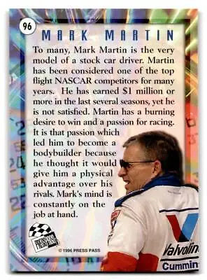 1996 Press Pass #96 Mark Martin trading card showcasing the racing legend’s career
