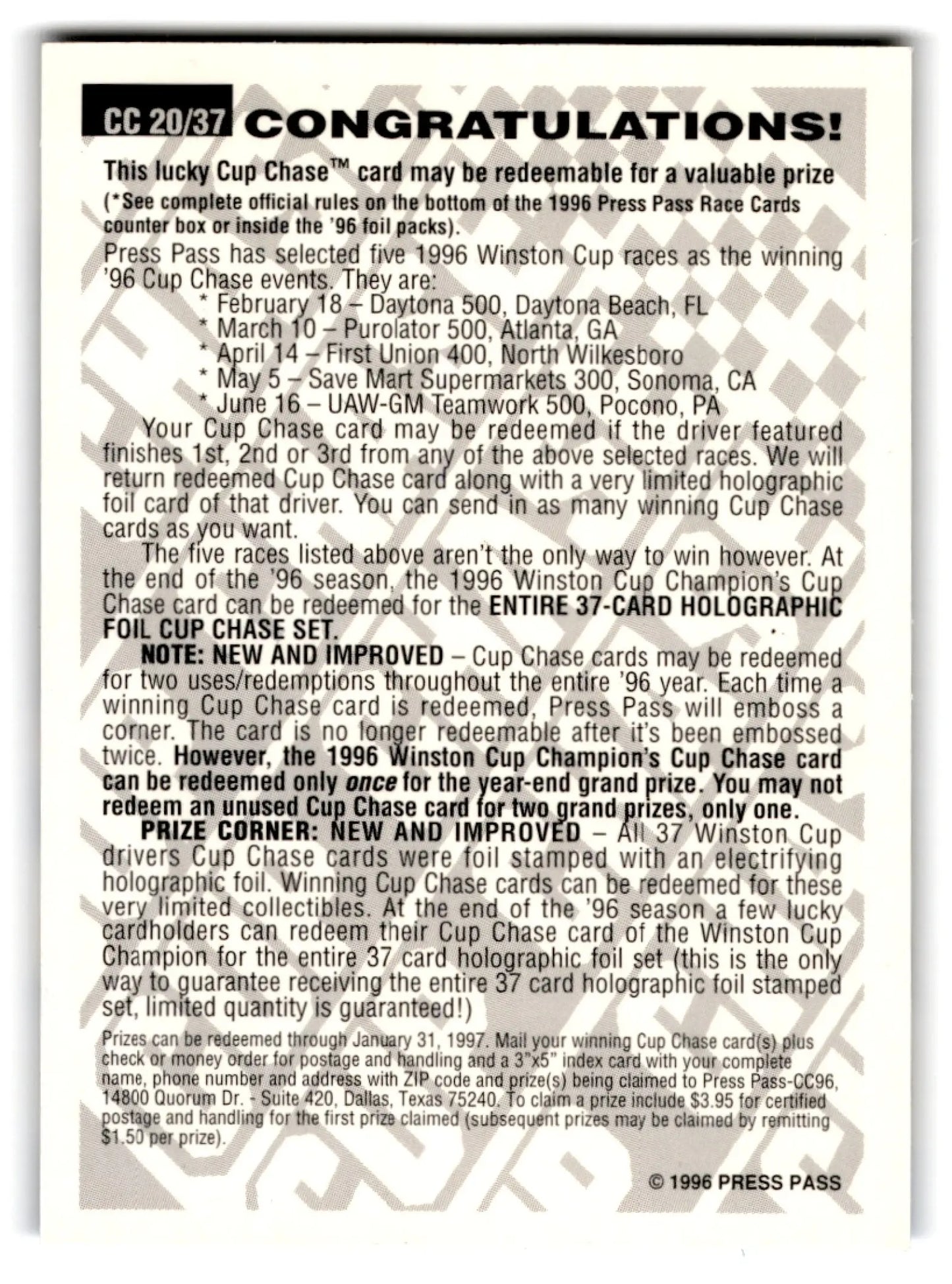 1996 Press Pass Racing Cup Chase Mark Martin #CC20/37 - Trading Card