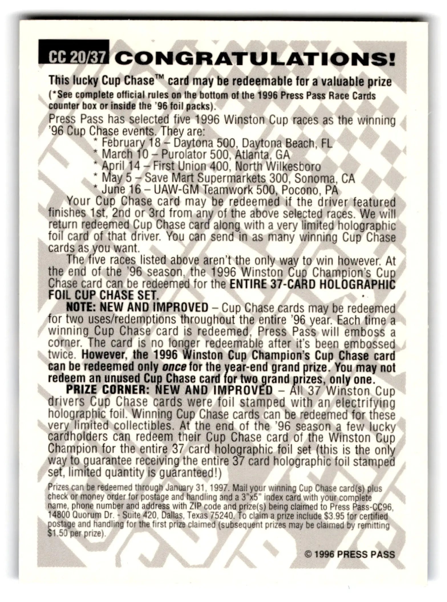 1996 Press Pass Racing Cup Chase Mark Martin #CC20/37 - Trading Card