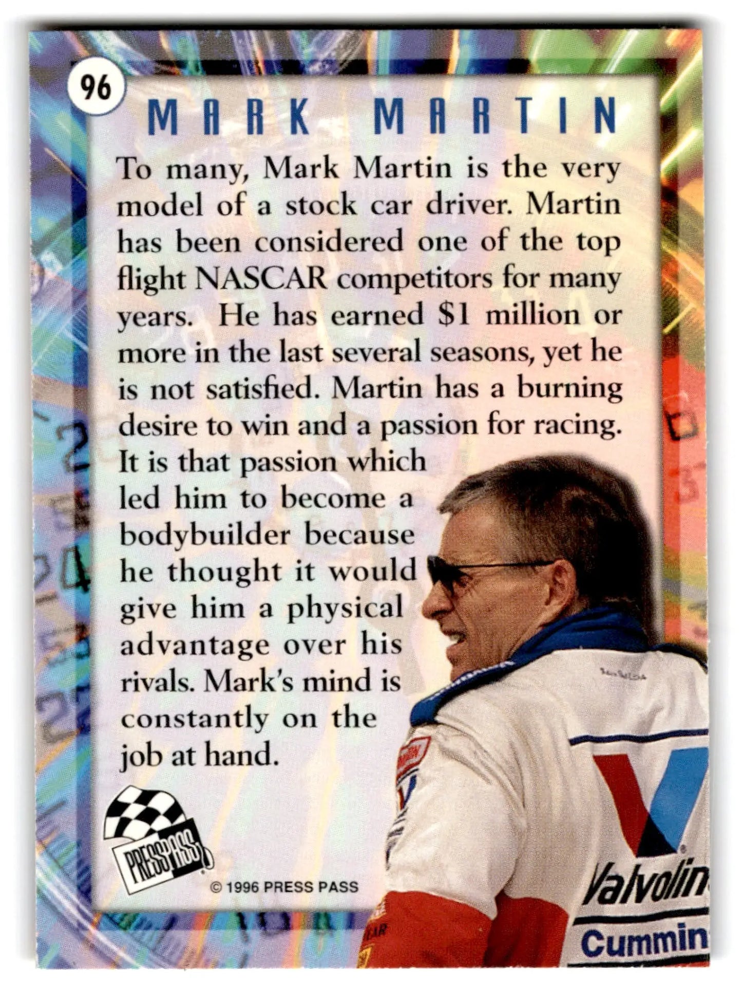 1996 Press Pass Racing Mark Martin #96 - Trading Card