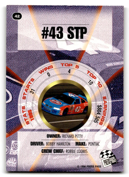 Press Pass Racing Premium Bobby Hamilton 1996 racing card featuring #43 STP NASCAR car