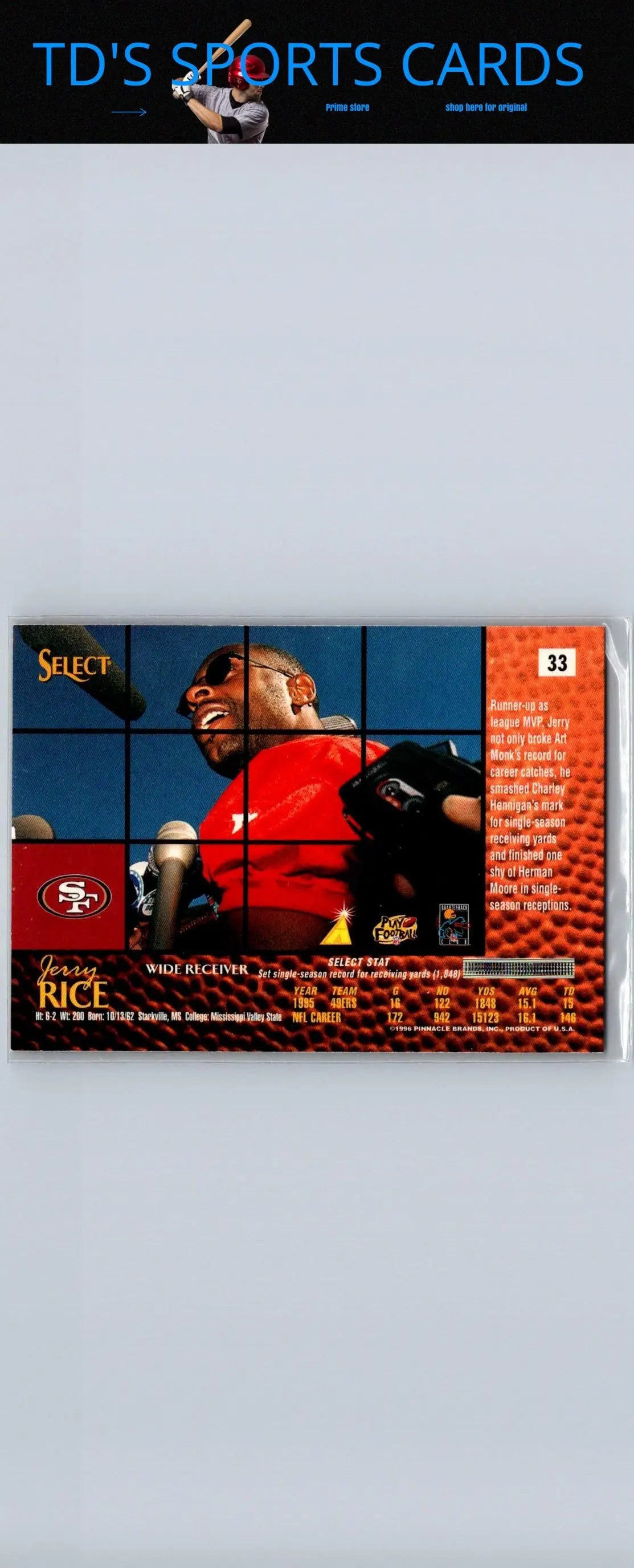 Jerry Rice football trading card from 1996 Select #33 showcasing a rare collectible