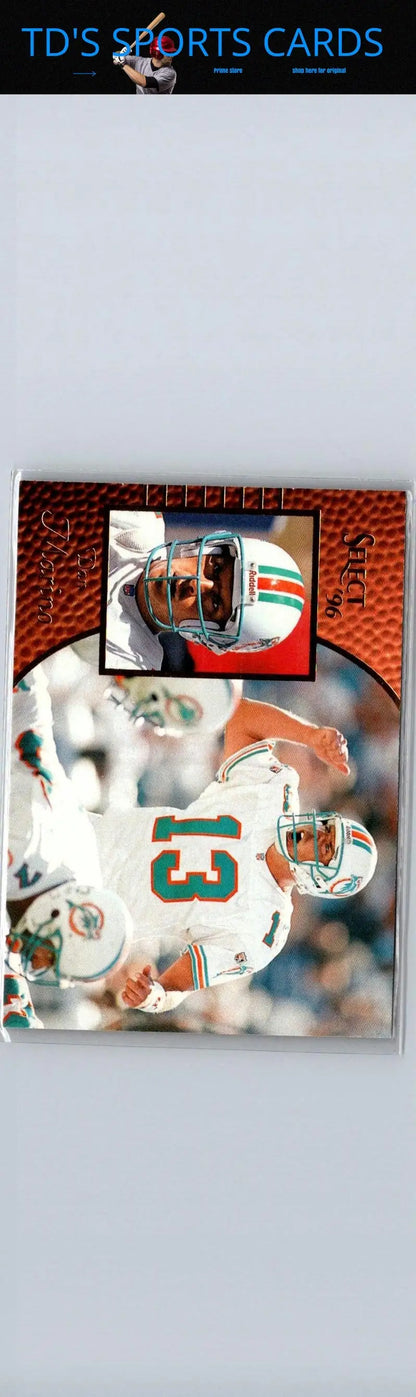 Football trading card featuring Dan Marino in helmeted profile and action shot from 1996 Select
