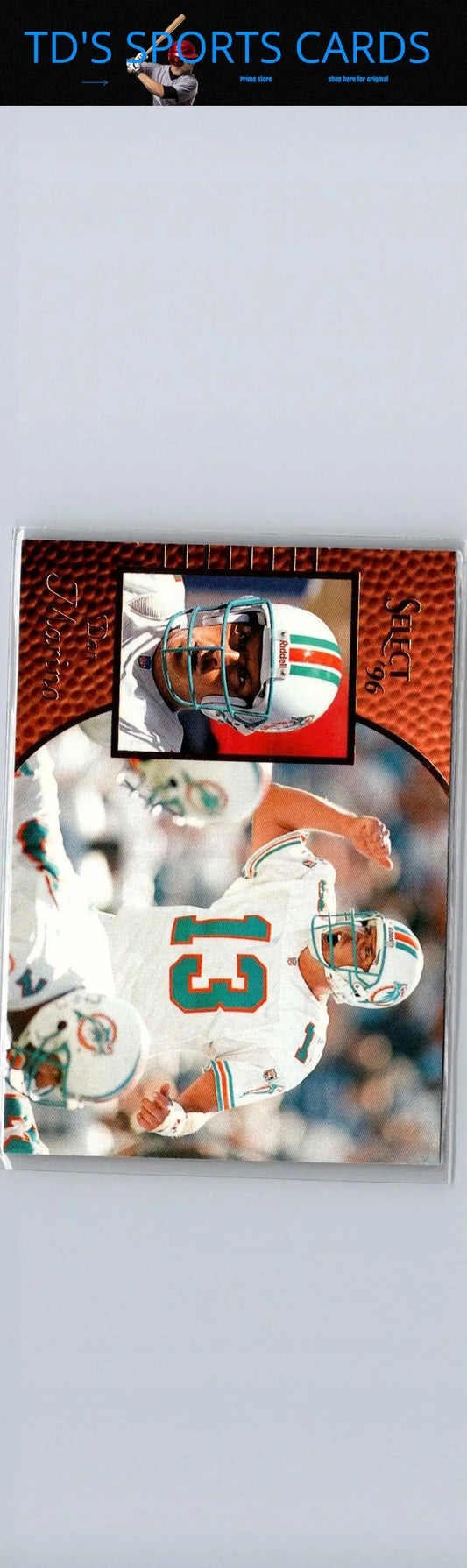 Football trading card featuring Dan Marino in helmeted profile and action shot from 1996 Select