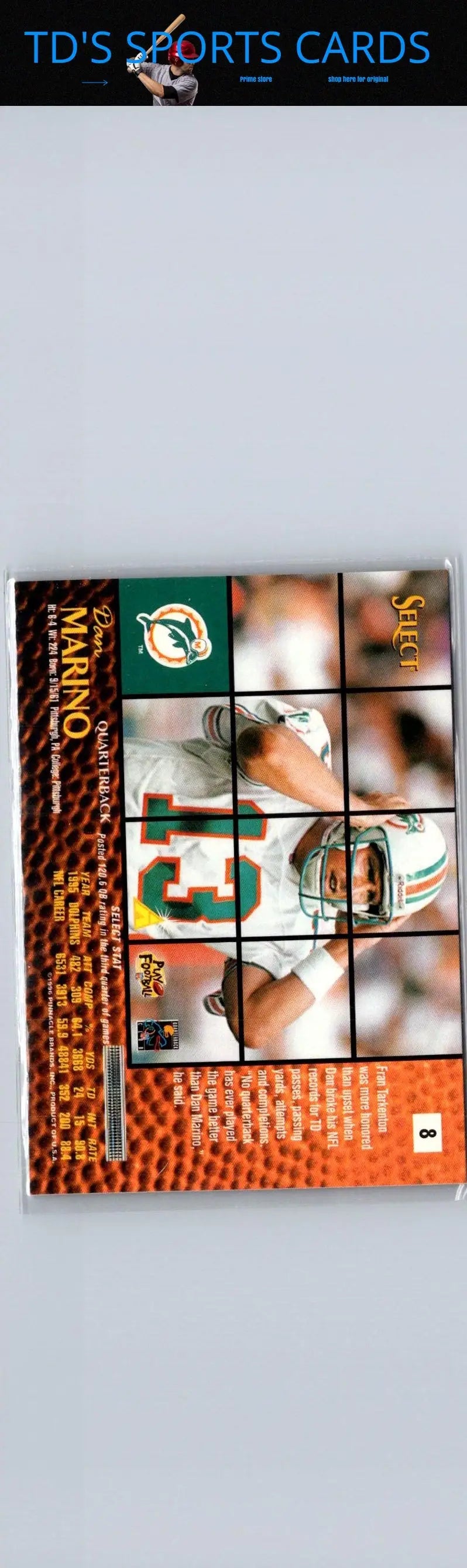 Vintage 1996 Select Dan Marino Miami Dolphins football trading card