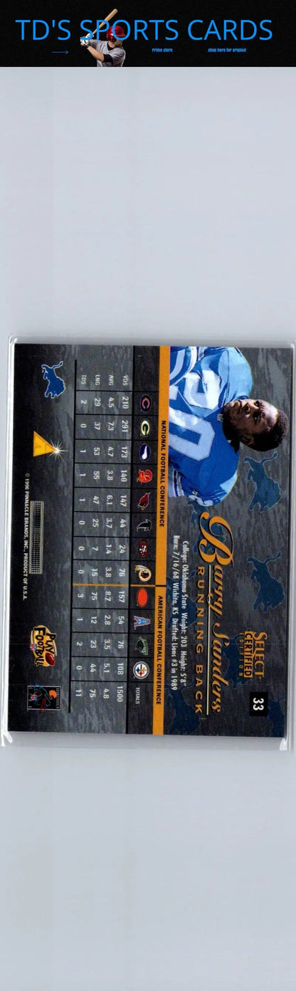 Barry Sanders 1996 Select Certified football trading card in protective sleeve