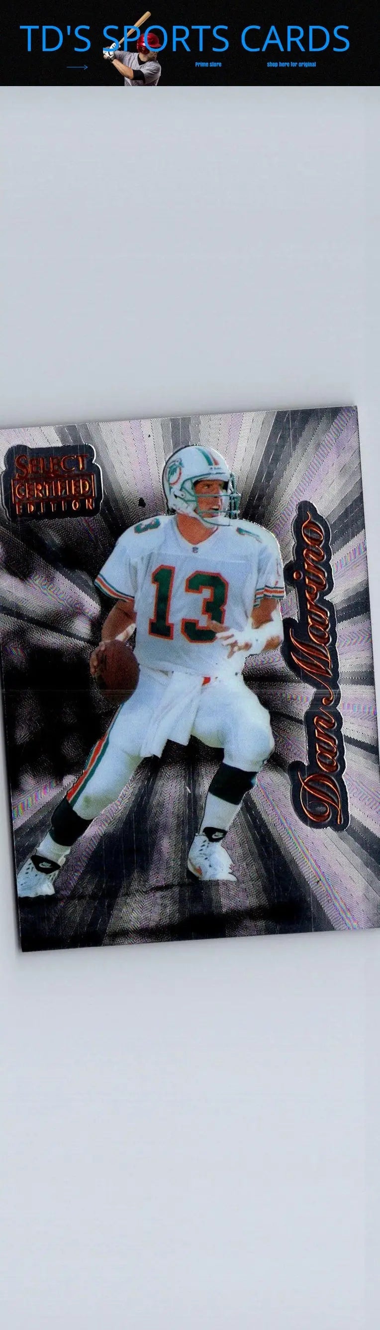 Collectible Dan Marino 1996 Select Certified football trading card with player in white and green uniform