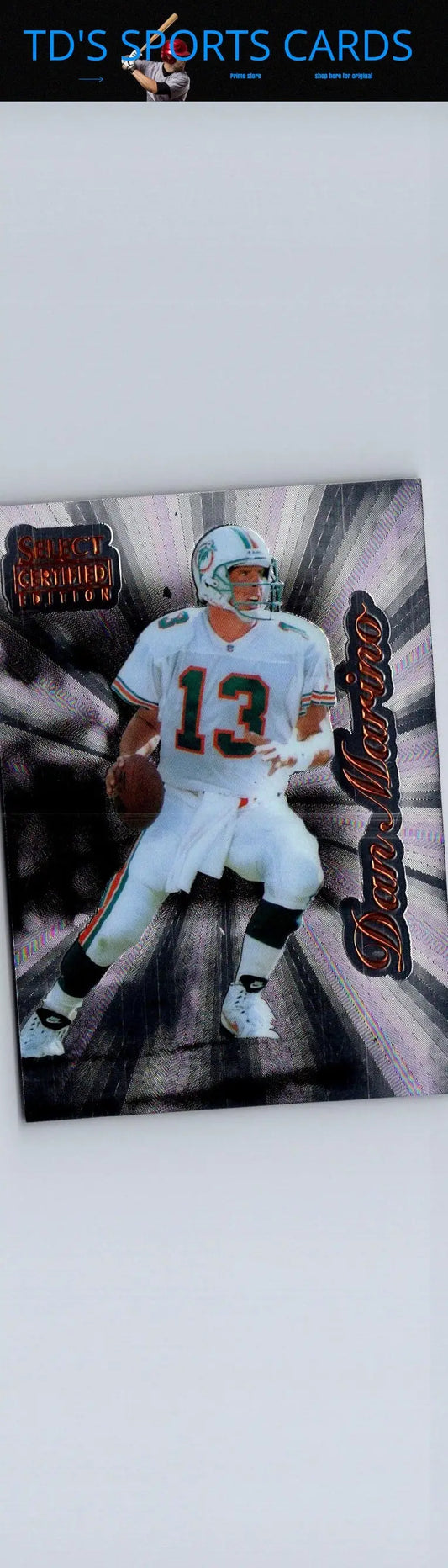 Collectible Dan Marino 1996 Select Certified football trading card with player in white and green uniform